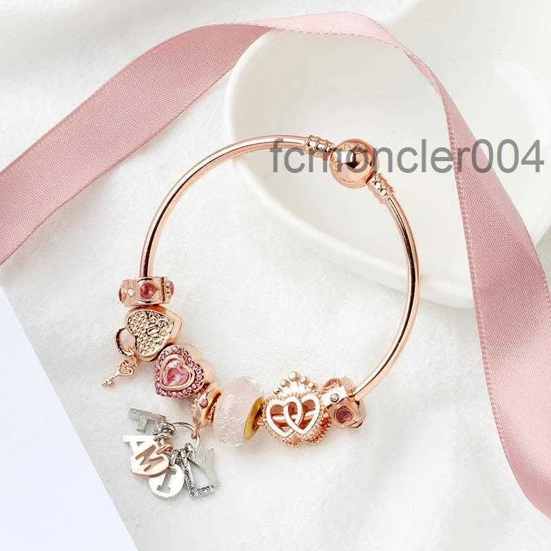 Bangle Original Pandoras Fashion S925 Silver Rose Gold Charm Beads Heart Lock Bangles Women Chain Letter Bracelets Jewelry Holiday Gift LWLM