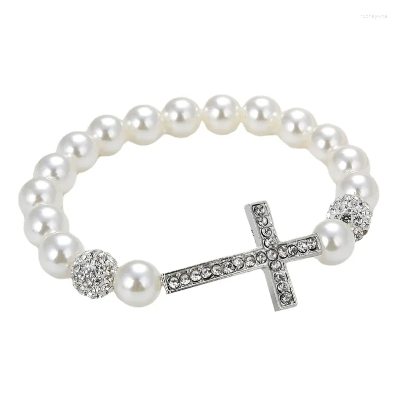 Charm Bracelets Fashionable Imitation Pearl Beaded Bracelet For Cross Pendant Elastic Jewelry Decoration Souvenir Gift Wome