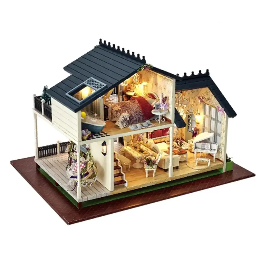 3D Wooden Dollhouse Miniature DIY House Kit with Furniture & LED, 1:24 DIY Dollhouse Kit to Build Assembling - Provence Villa