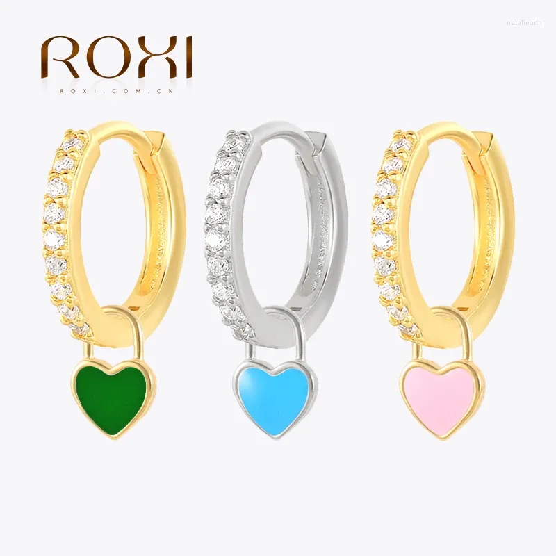 Hoopörhängen roxi härliga hjärtkristaller för kvinnor flicka rosa blått grönt brosk som hänger 925 sterling silver kolczyki