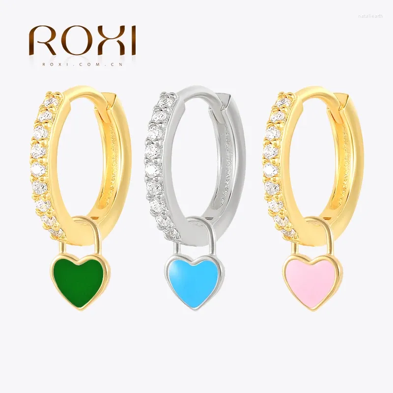 Boucles d'oreilles cerceaux roxi beaux cristaux de coeur pour les femmes fille rose cartilage vert bleu suspendu 925 argent sterling kolczyki