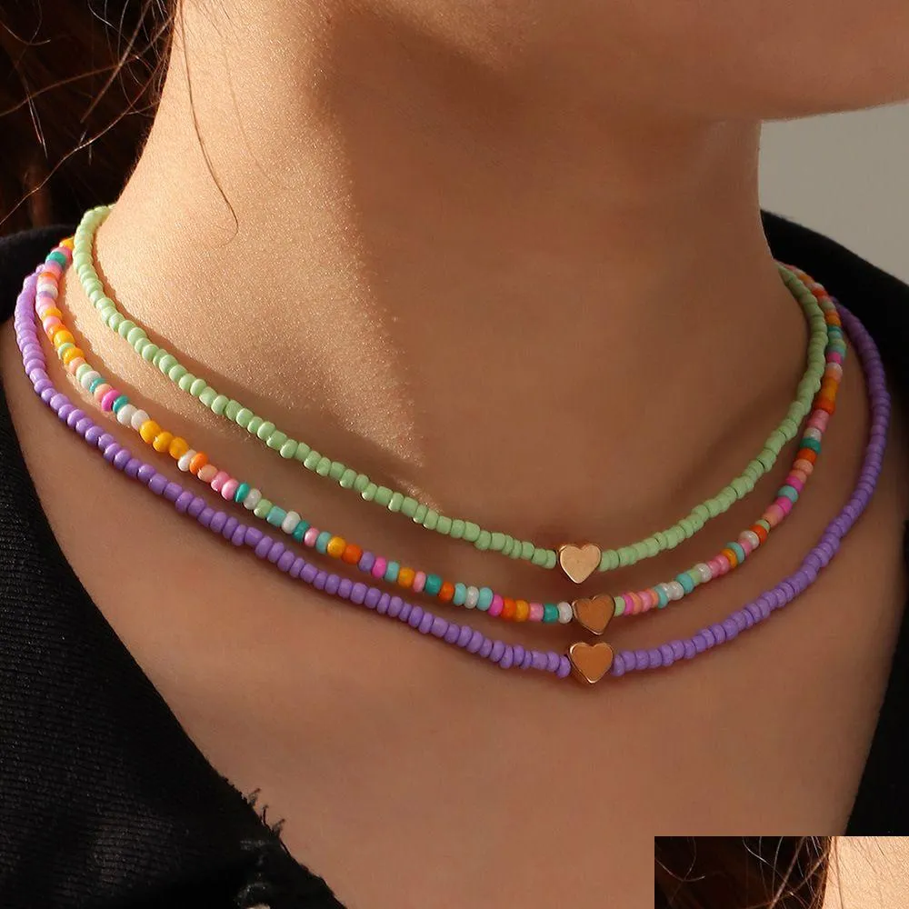 Colliers de perles 3pc / set plage d'été bonbons couleurs graines d'amitié perlées bijoux coeur Colliers charmants femmes cols couloir boho dhloz