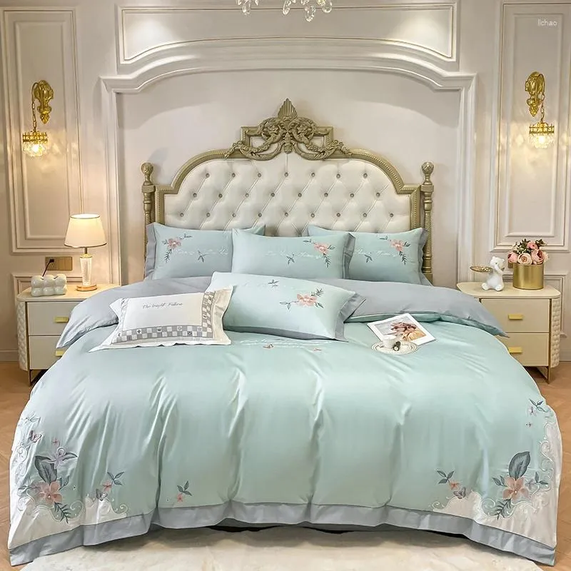Bettwäsche-Sets, breiter Rand, Blumen-Stickerei, luxuriös, grün, ägyptische Baumwolle, Bettbezug-Set, Bettlaken, Kissenbezüge, Heimtextilien