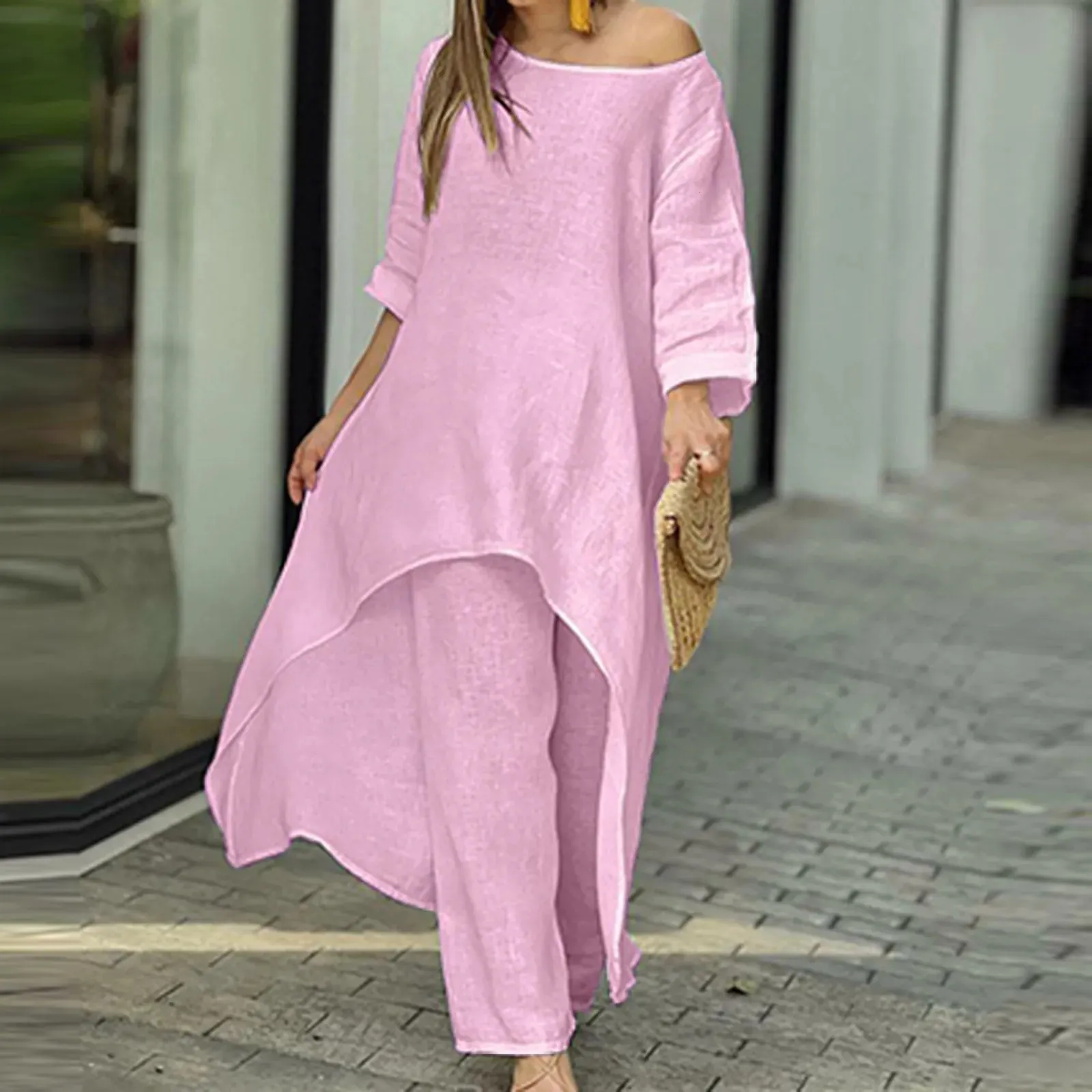 Damen Baumwoll-Leinen-Jogginganzug Zweiteiler Sommer Locker Bluse T-Shirt Weite Hosenanzug 2-teilig Hochwertig Pflegeleicht Casual Geschenkidee