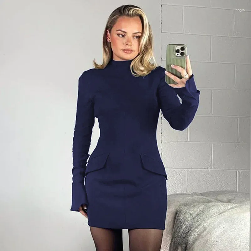 Casual Dresses Elegant BodyCon Mini Dress Women Winter Autumn Vintage Dark Blue Flare Sleeve Party Club Streetwear Office Lady Vestidos