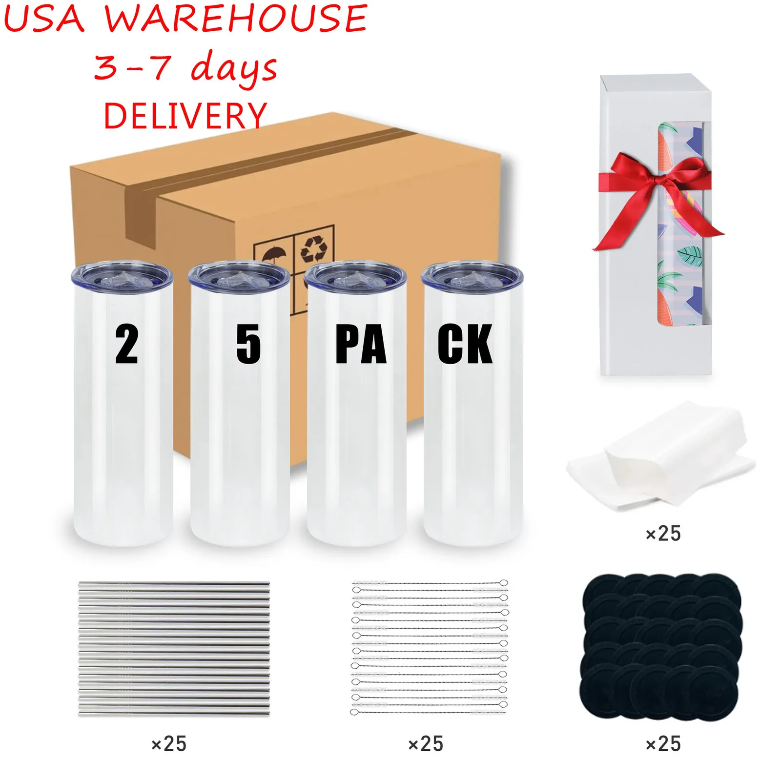 25pack US warehouse bulk 20oz 30oz Stainless Steel heat Printing Tumbler Double Wall Insulated straight Sublimation Tumbler 231220