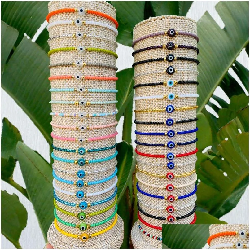 Charme Pulseiras Turco Olho Pulseira Branco Azul Mal Olhos Sorte Casal Pulseiras Para Mulheres Colorf Cristal Bead Corda Cadeia Tecido Jewel Dhzei