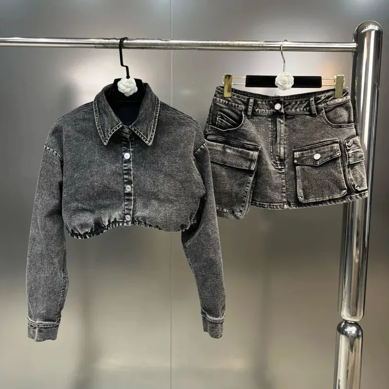 PREPOMP Primavera Colletto rovesciato Manica lunga Giacca di jeans grigia con doppie tasche Minigonna Due pezzi Completi GH318 231220