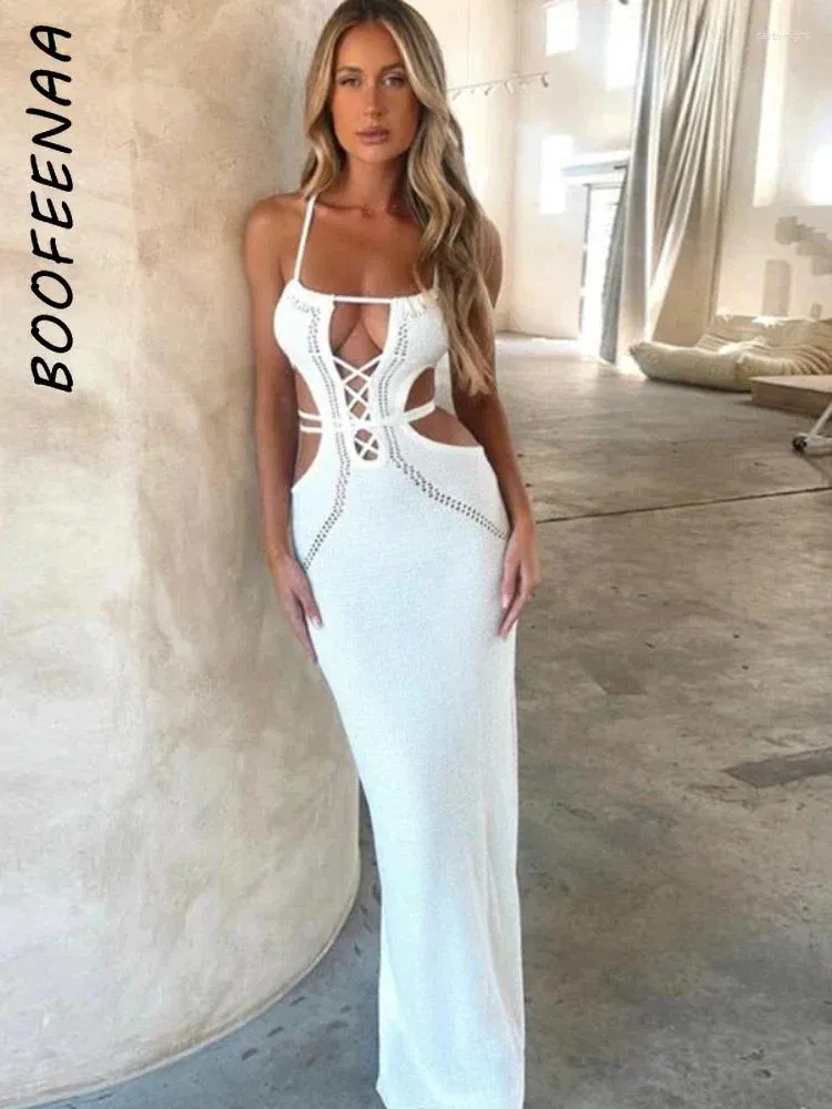 Abiti casual BOOFEENAA Maxi abito senza schienale con scollo all'americana in maglia cava Elegante sexy all'uncinetto Beach Party per le donne Resort Wear C0-EC31