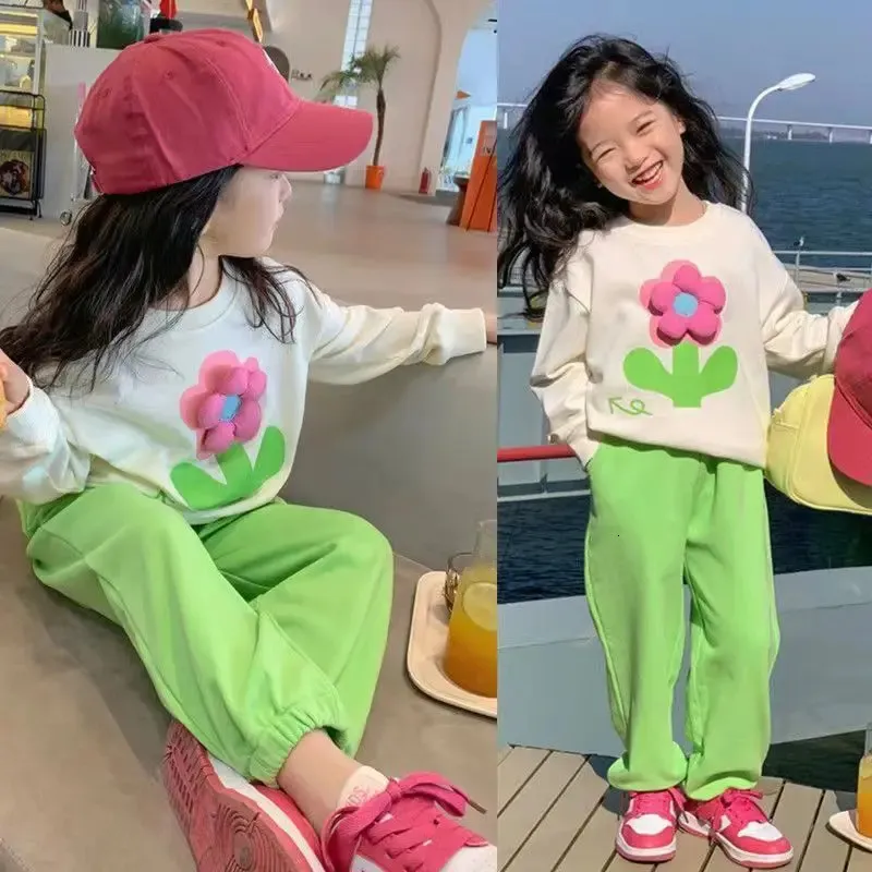 Корейская детская одежда, весенние и осенние комплекты для детей, свитер со штанами и 3D цветочным принтом, костюм для девочек, милые дети для девочек 231220