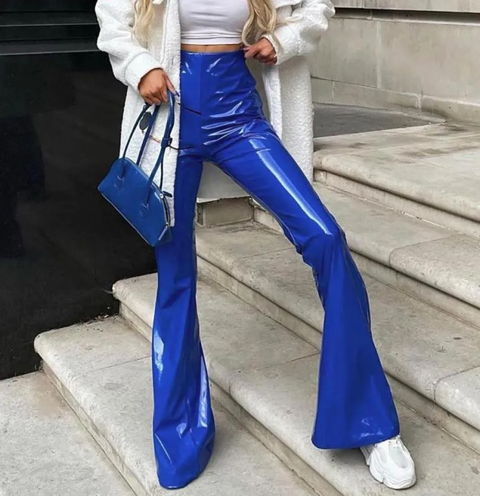 Women039s Pants Capris High Street Egirl Glossy Pu Flared for Women Aesthetic Waist Zipper Bandage Faux Leather Trousers9332346