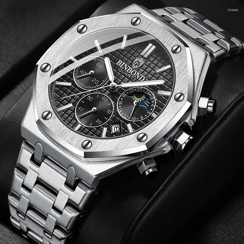 Zegarek Binbong B0161 Top Luksus Man Business Business Watch Chronograph zegarek ze stali nierdzewnej Pasek ze stali nierdzewnej 30M Wodoodporny moda Mężczyźni