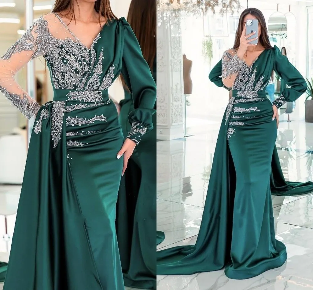 Lindos vestidos de noite de sereia verde escura vintage pura de manga longa preúculos de babados cetim longos vestidos de festa formal de festas com apliques de miçangas