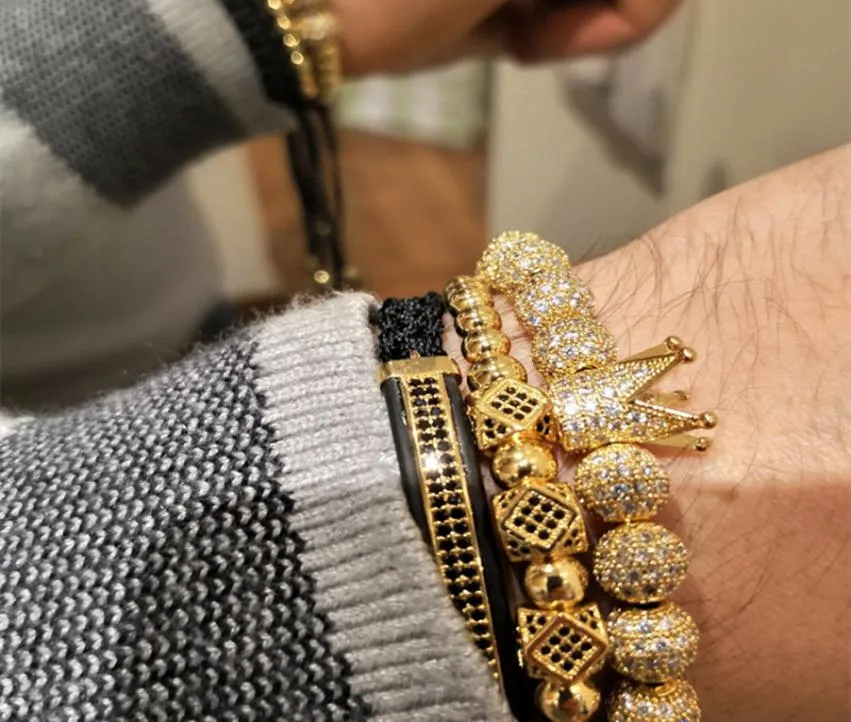 3 pzSet Hip Hop Bracciali Corona D'oro 8 MM Cubico Micro Pavimenta CZ Sfera di Fascino Intrecciato Intrecciare Uomo Gioielli di Lusso Pulseira Bileklik Y204054105