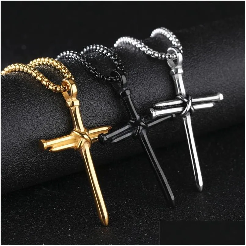 Collares colgantes Cruz de uñas para hombre Collares pendientes Moda Collar de cadena de eslabones de acero inoxidable Negro Oro rosa Sier Estilo punk Hip Ho Dh9Yz