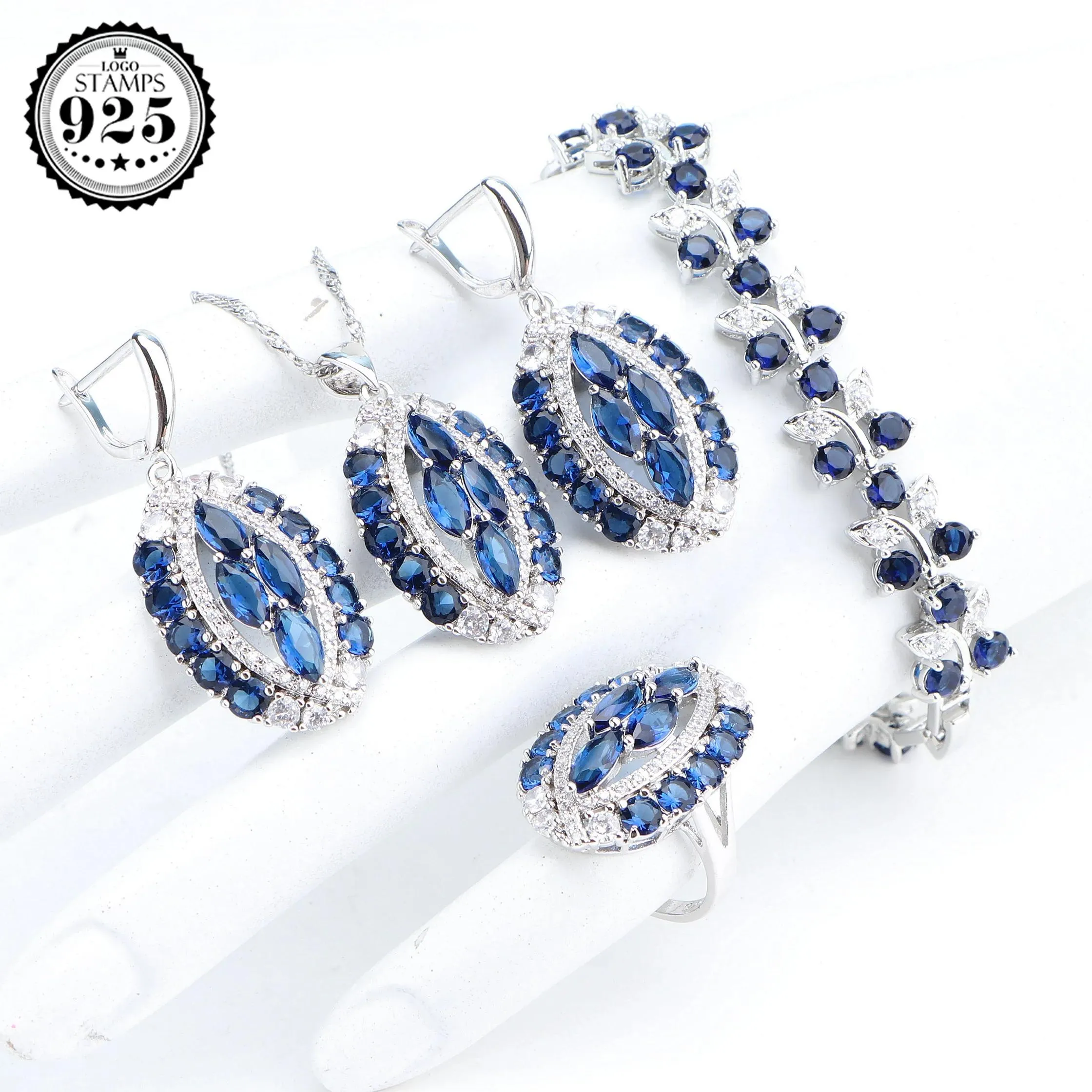 Sets Sier Blue Zircon Jewelry Sets Bridal Pendants Stone Bracelets Rings Earrings Necklace Set for Women Wedding Jewelry