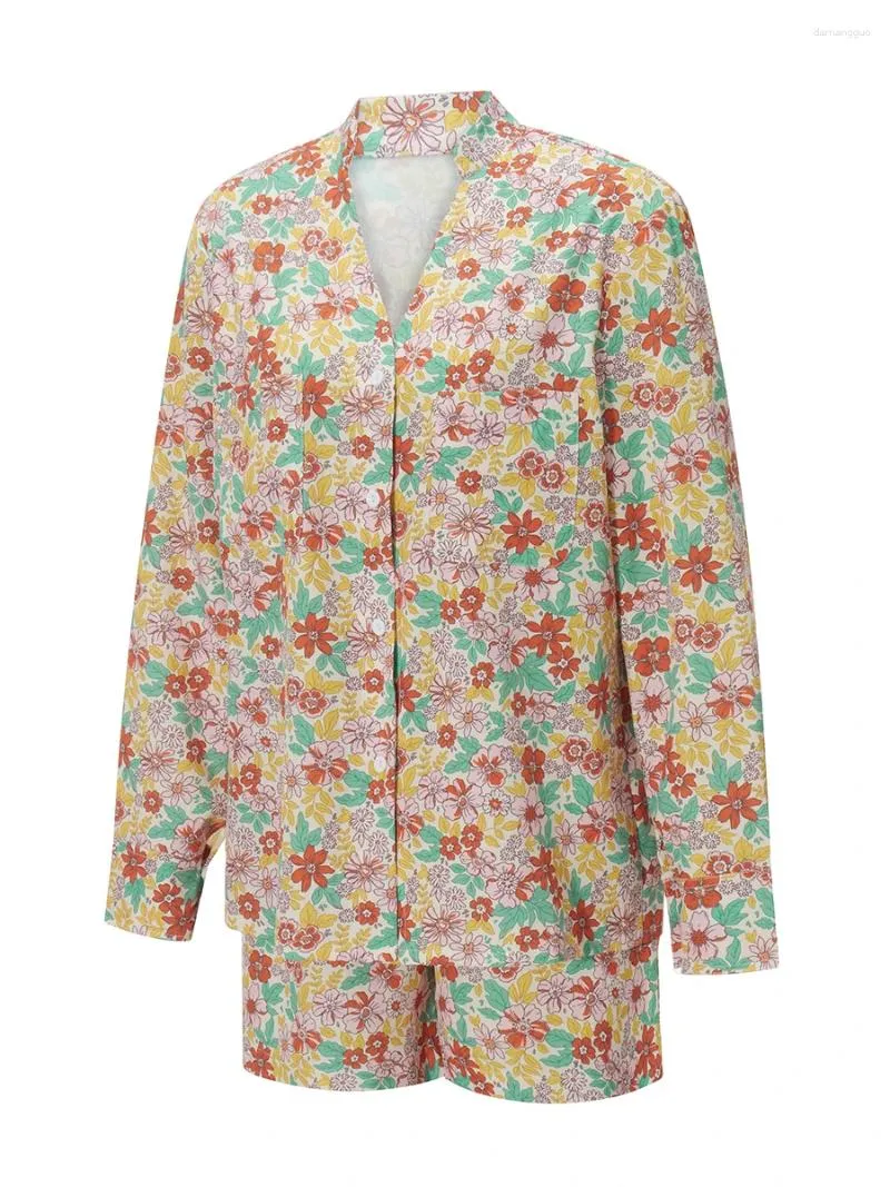 Damesnachtkleding Dames S 2-delige pyjamaset met lange mouwen, knopen, bloementopjes en shorts met trekkoord Modesets