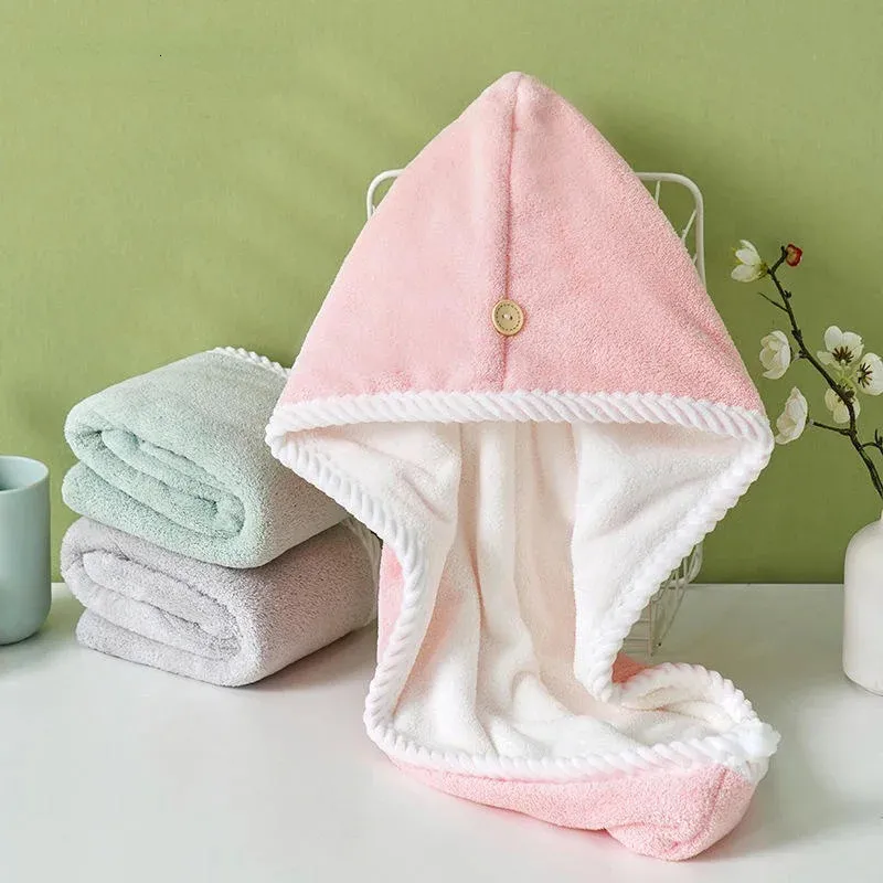 Asciugamano per doccia asciugamano a doppio strato per ispessimento cappelli da bagno in microfibra per donne ragazze asciutto tappo per capelli rapido Turbano a testa morbida 231221
