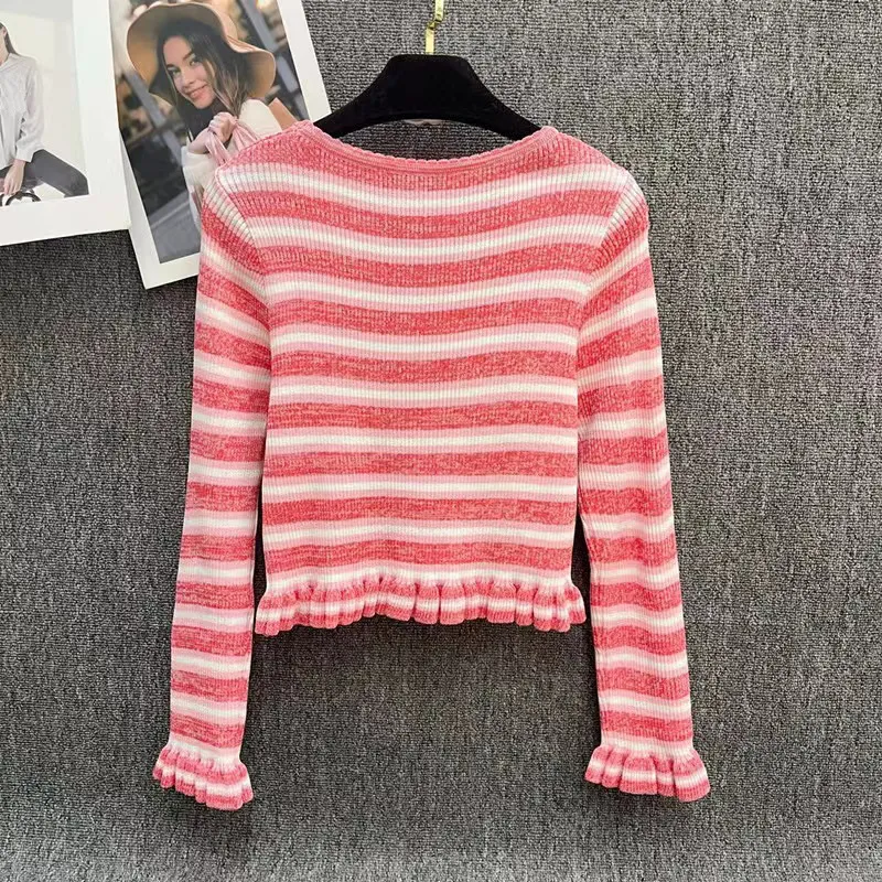 sweaters womens early autumn new pink and wooden ear edge round collar design slim slim striped buttons Spice metal standard long sleeve knitting American New style