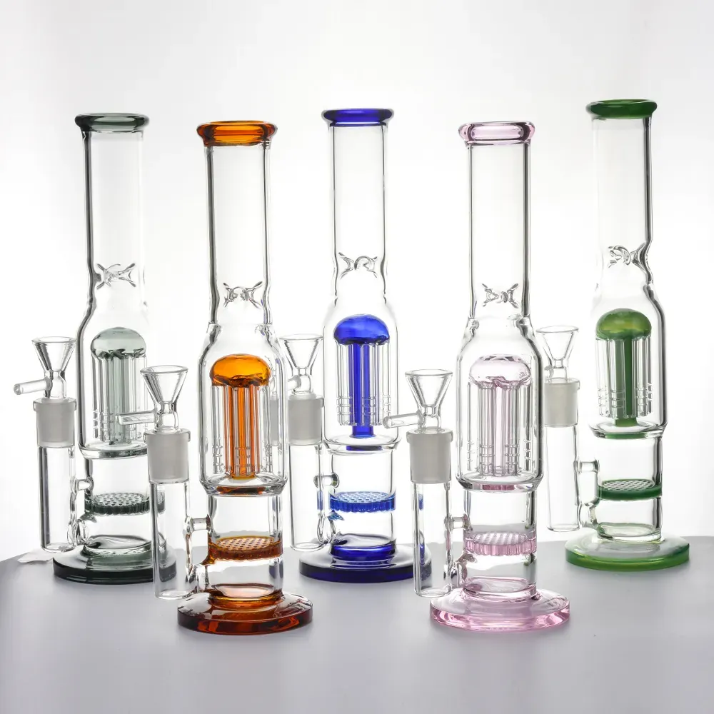 Pipes d'eau en verre 10 pouces de haut Bongais 6 arbres en nid d'abeilles percolates bong 14 mm femelle avec bol tampon ll