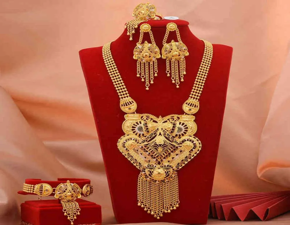 luxury 24K Dubai Jewelry sets Gold Color African Wedding gifts bridal bracelet necklace earrings ring jewellery set for women 21129267862