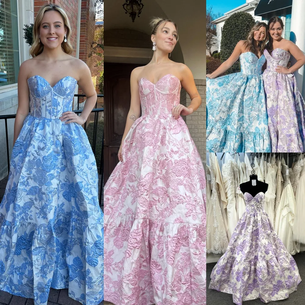 Floral Brocade Prom Kraliçe Elbise 2K24 Korse Metalik Ballgown Uzun Preteen Lady Pageant Resmi Akşam Kokteyl Partisi Pist Black-Tie Gala Fantezi Pembe Leylak Mavi