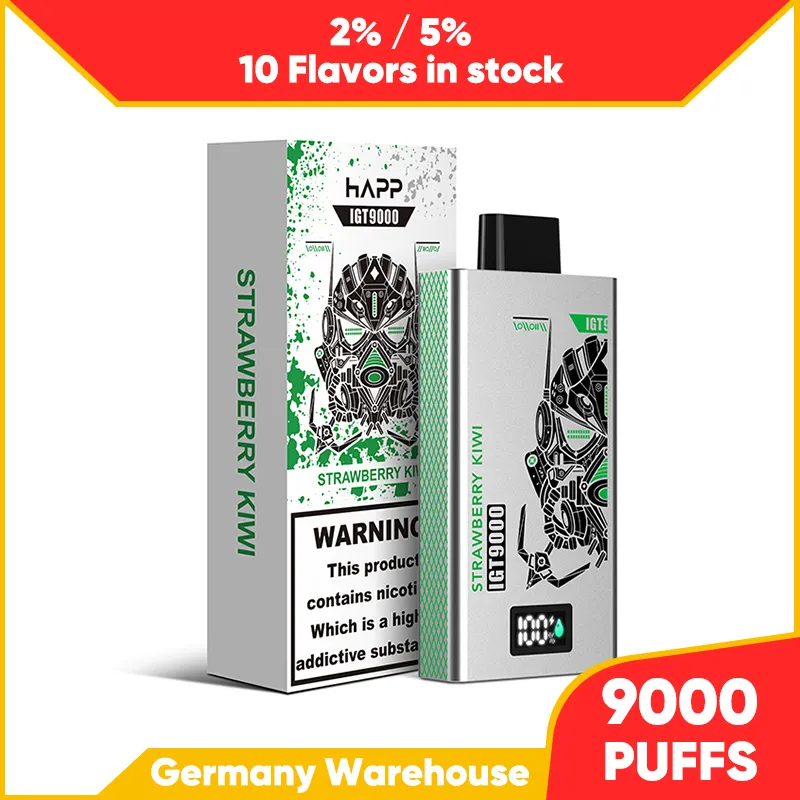 EU Wharehouse Happ 9000Puffs Disponibla E Cigaretter Pod Device Kit Laddningsbart batteri 14 ml vagnar Vape Big Puff 9K ångor Spanien Tyskland