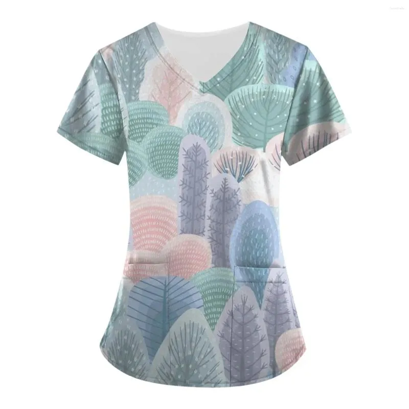 Women's T Shirts Contrasting Print V-Neck Pocket Scrub Shirt Uniform Women Blouse Clothes Joggers Top Accessories