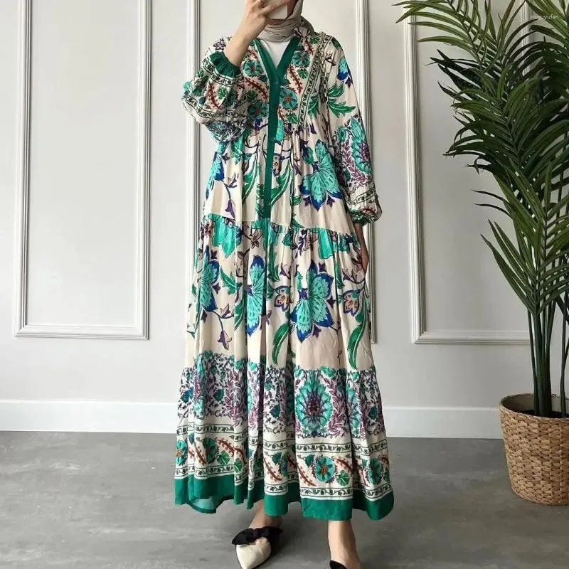 Ubrania etniczne Vintage druk narodowy styl jalabiya femme szat muzułmańska sukienka na długi rękawe stojak Dubai Abayas dla kobiet islam
