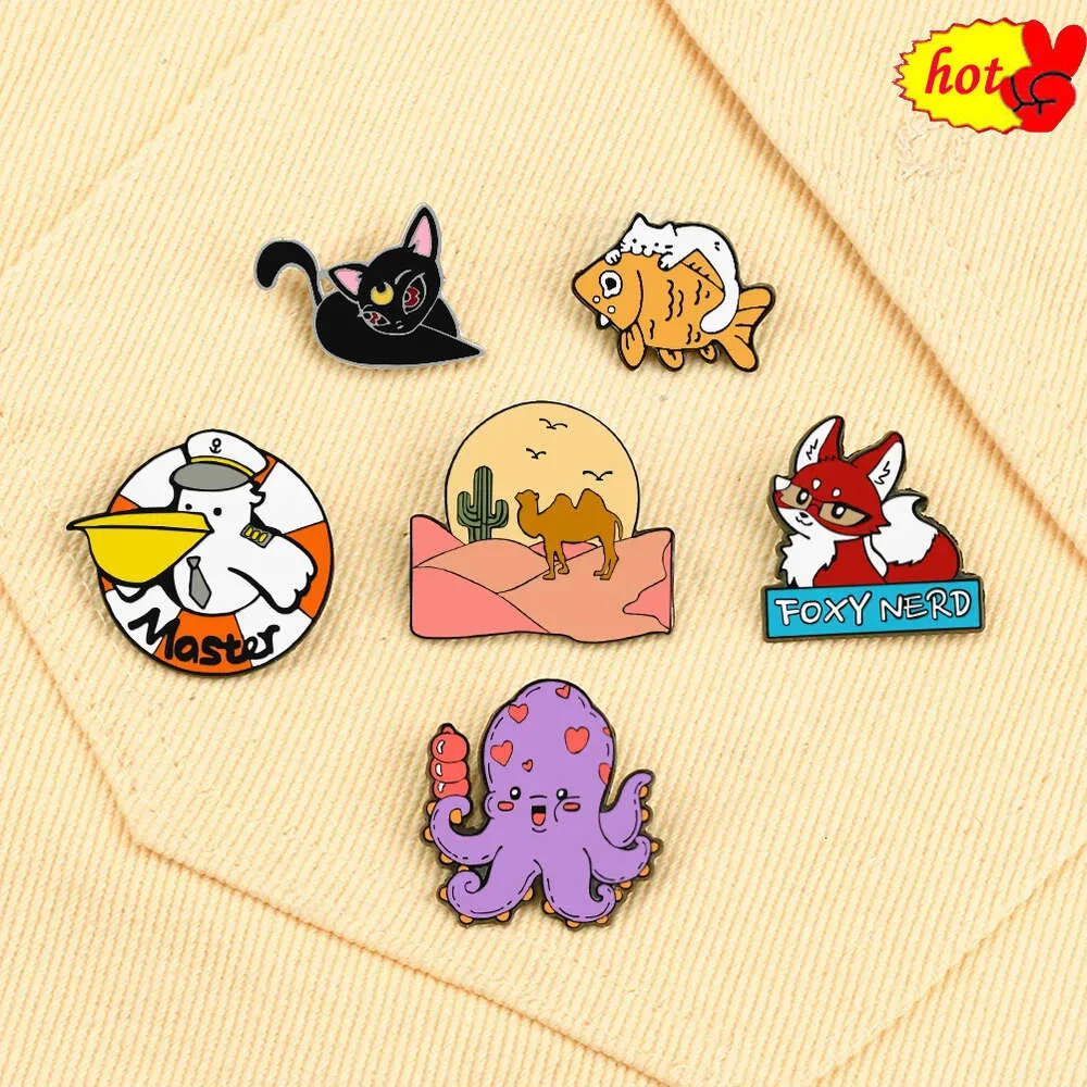 Cartoon Animal Brooches Cute Fox Black Cat Octopus Camel Enamel Pin Women Men Jeans Coat Lapel Pin Badges Jewelry Gift Wholesale