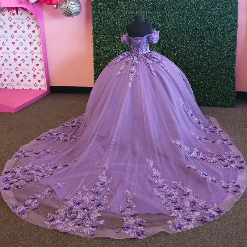 라벤더 반짝이는 Quinceanera 드레스 어깨 레이스 아플리케 구슬 멕시코 달콤한 16 vestidos de xv 15 anos ball 공식 가운