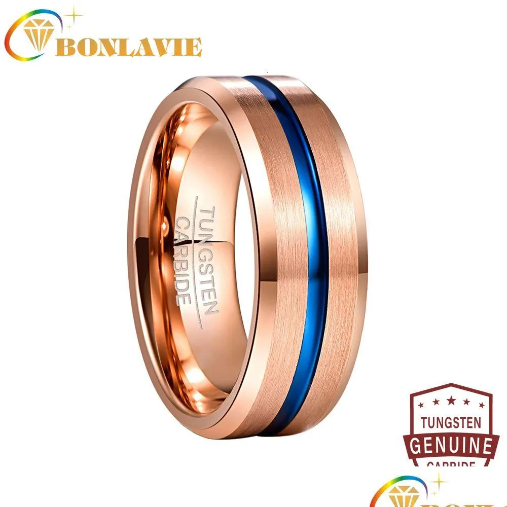 Bandringen Bonlavie 8 mm breedte wolfraamcarbide fl rosé goud blauw groefhoek bruiloft staal heren 221119 droplevering Dh6Tn