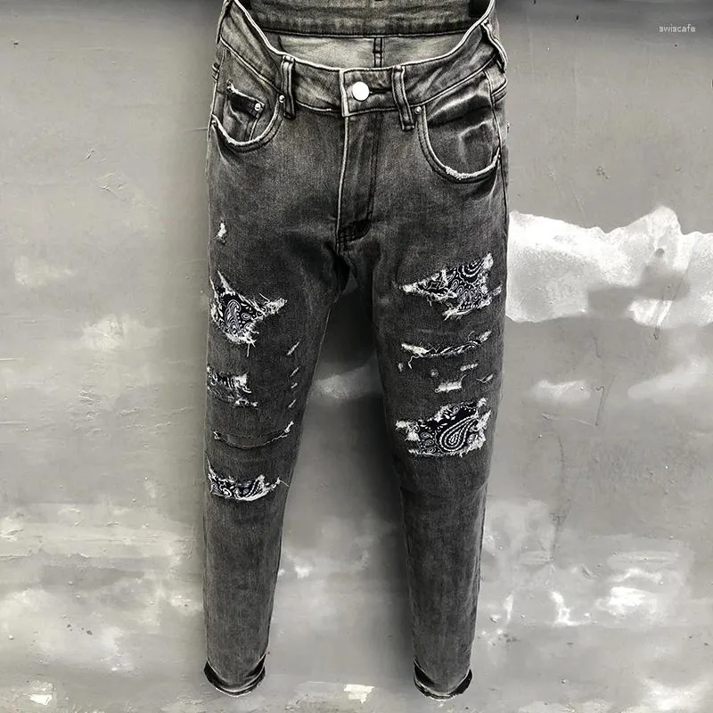 Jeans pour hommes Hip Hop Ripped Designer Bootcut Hommes Jean Rétro Fleur De Cajou Couture Trou De Rue Pour Pantalon De Moto Punk