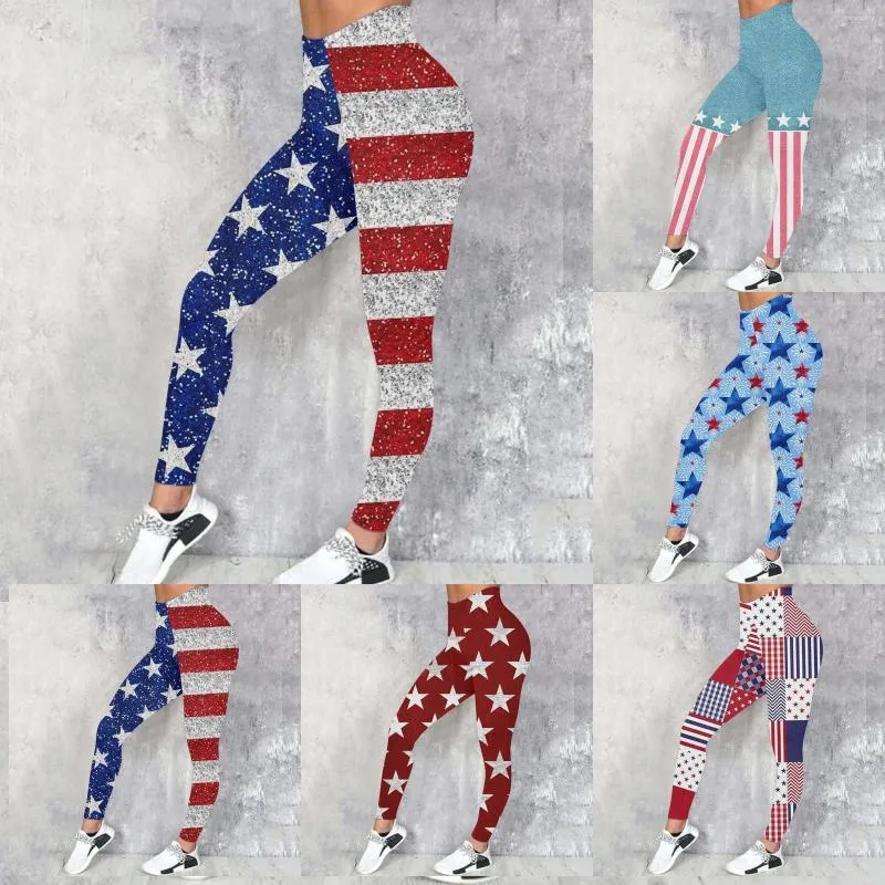 Leggings para mujer Mujeres Casual 4 de julio Día de la Independencia Impreso Deportes Cuero Pantalones de yoga con bolsillos Cintura alta para