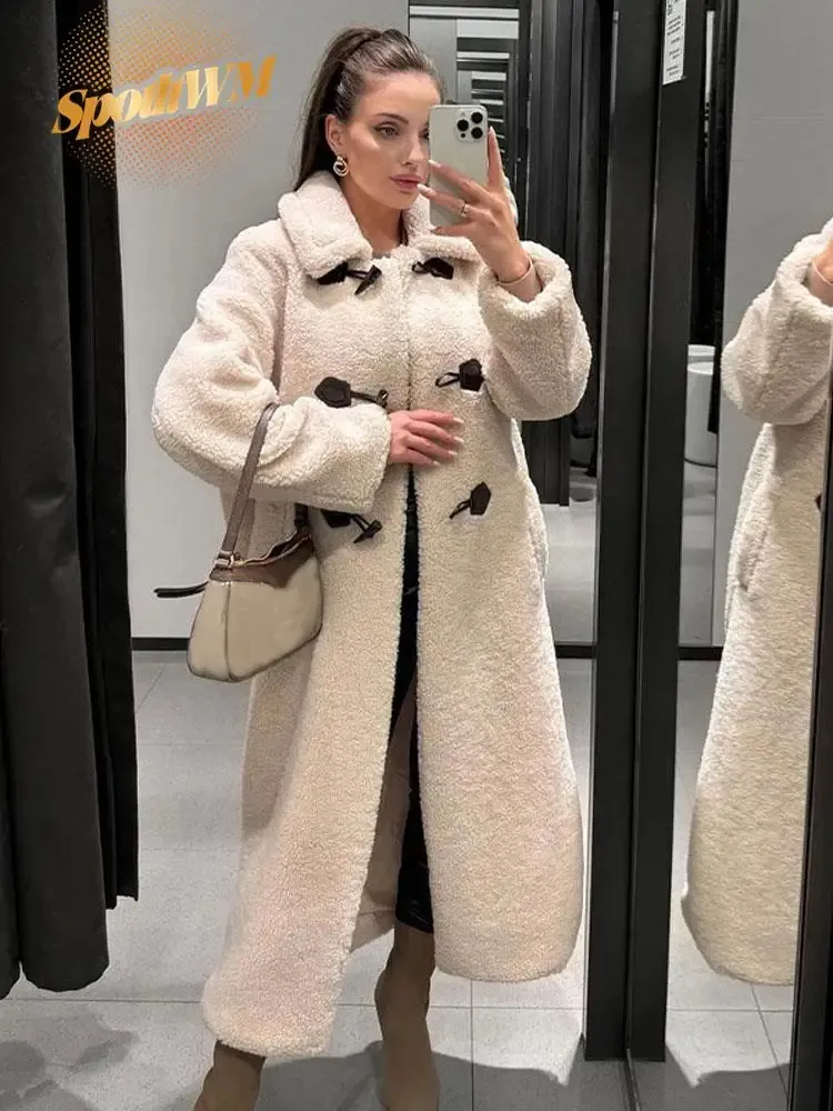 Elegant lapel plysch lång kappa för kvinnor mode solid hylsa tjock jacka 2023 Autumn Winter Lady Outerwear Overcoat 231221