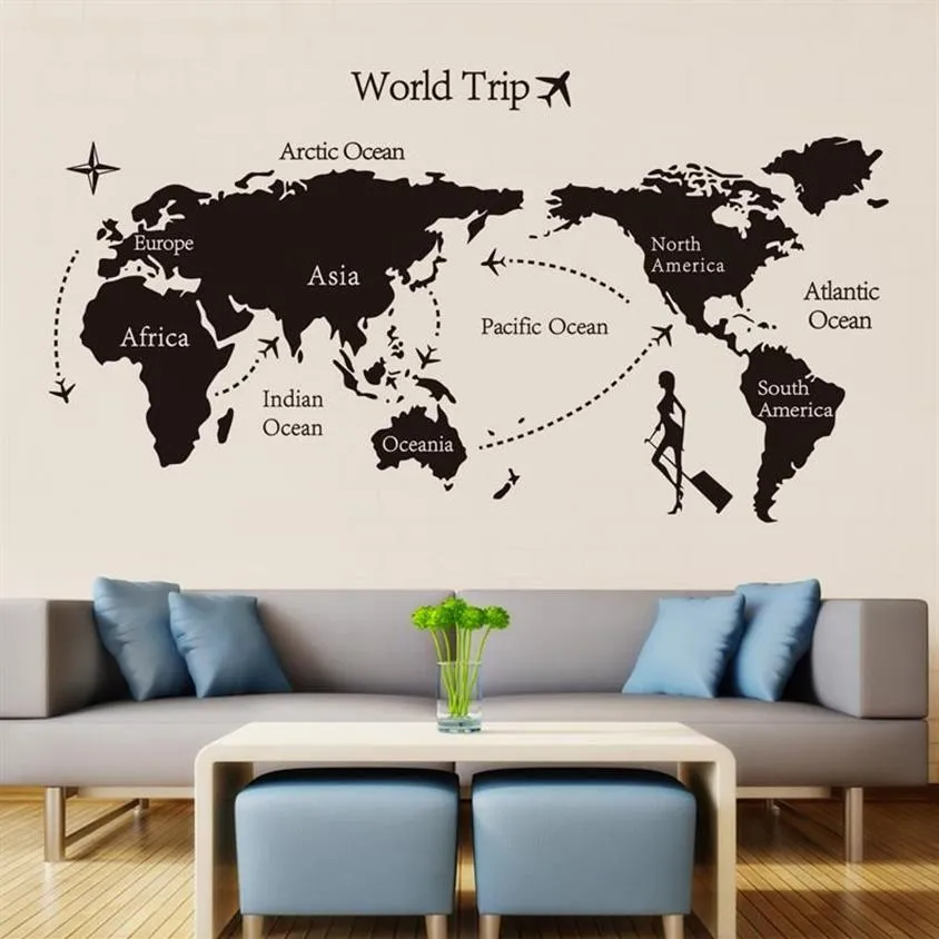 Black World Trip Map Vinyl Wall Stickers for Kids Room Home Decor Office Art Decals 3D Wallpaper Living Room Bedroom Decoration3108