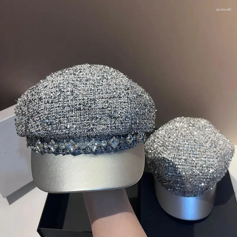 BERETS 202311-MY INS CHIC Autumn Tweed Silver Silk Woven Pu Brim Drill Chain Lady Octagonal Hat Women Visirs Cap Wholesale