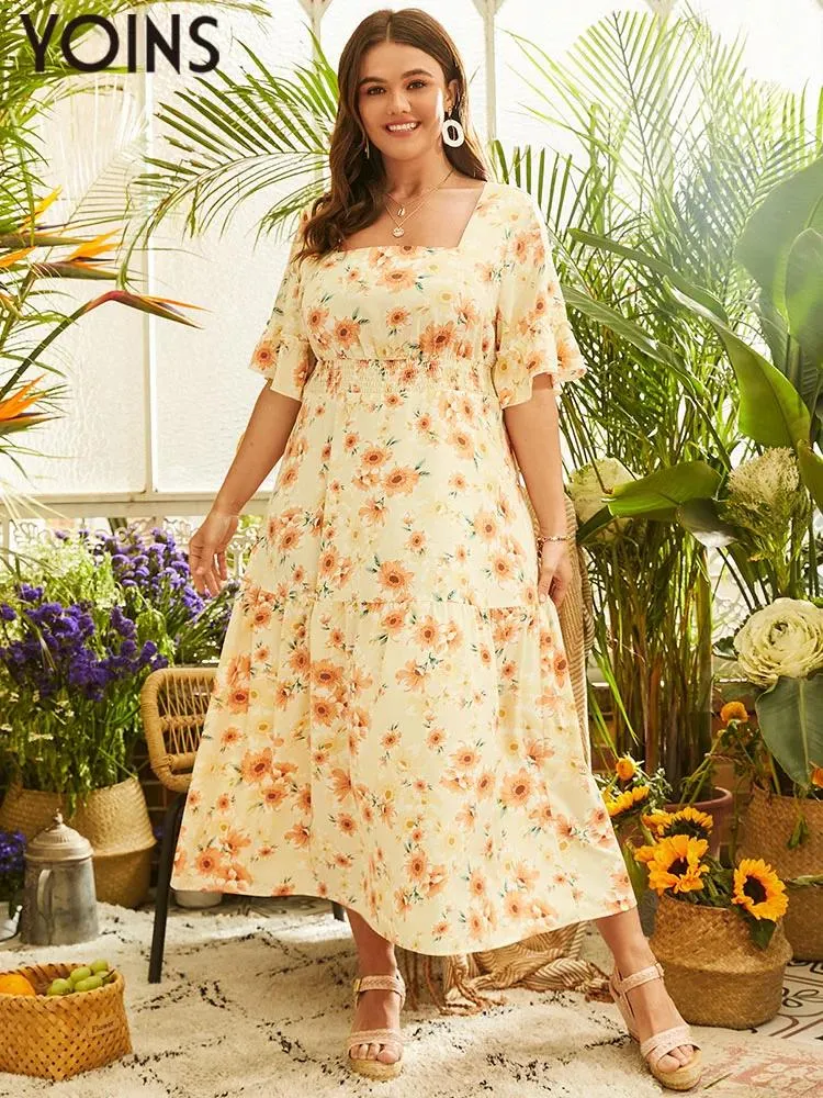 Dresses YOINS Plus Size 4XL Women Long Dress 2022 Summer Short Sleeve Square Sleeve Flower Printed Bohemian Beach Vestidos Party Robe