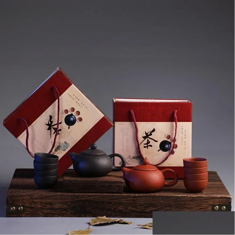 ティーウェアセット中国の伝統的な旅行ティーセットパープルクレイカンフーカップマグカップパッケージセラミックギフトティーポットとギフトボックスドロップ配信h dhwgn