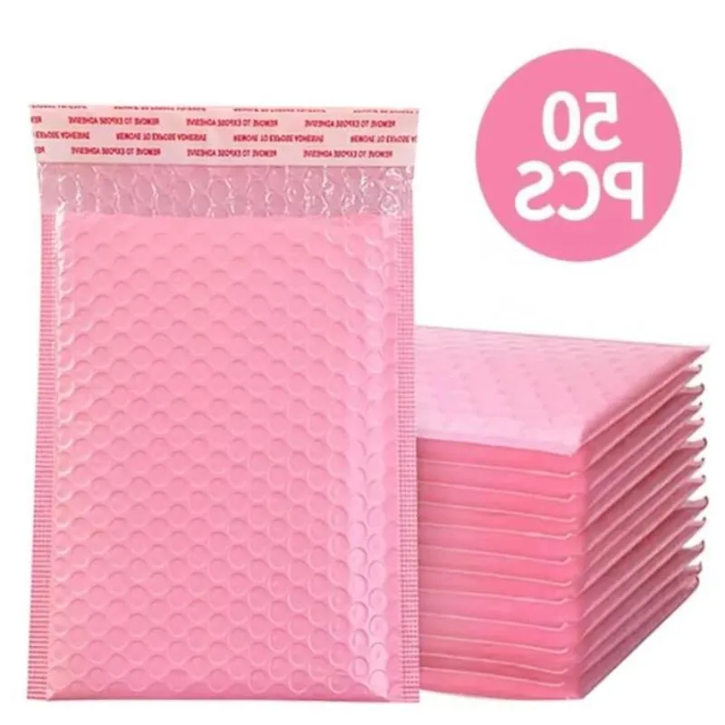 50pcs sacs Bubble Mailers Enveloppes rembourrées Film de perles Cadeau Présent Mail Enveloppe Sac pour livre Magazine doublé Mailer Self Seal Rose Eqqvl