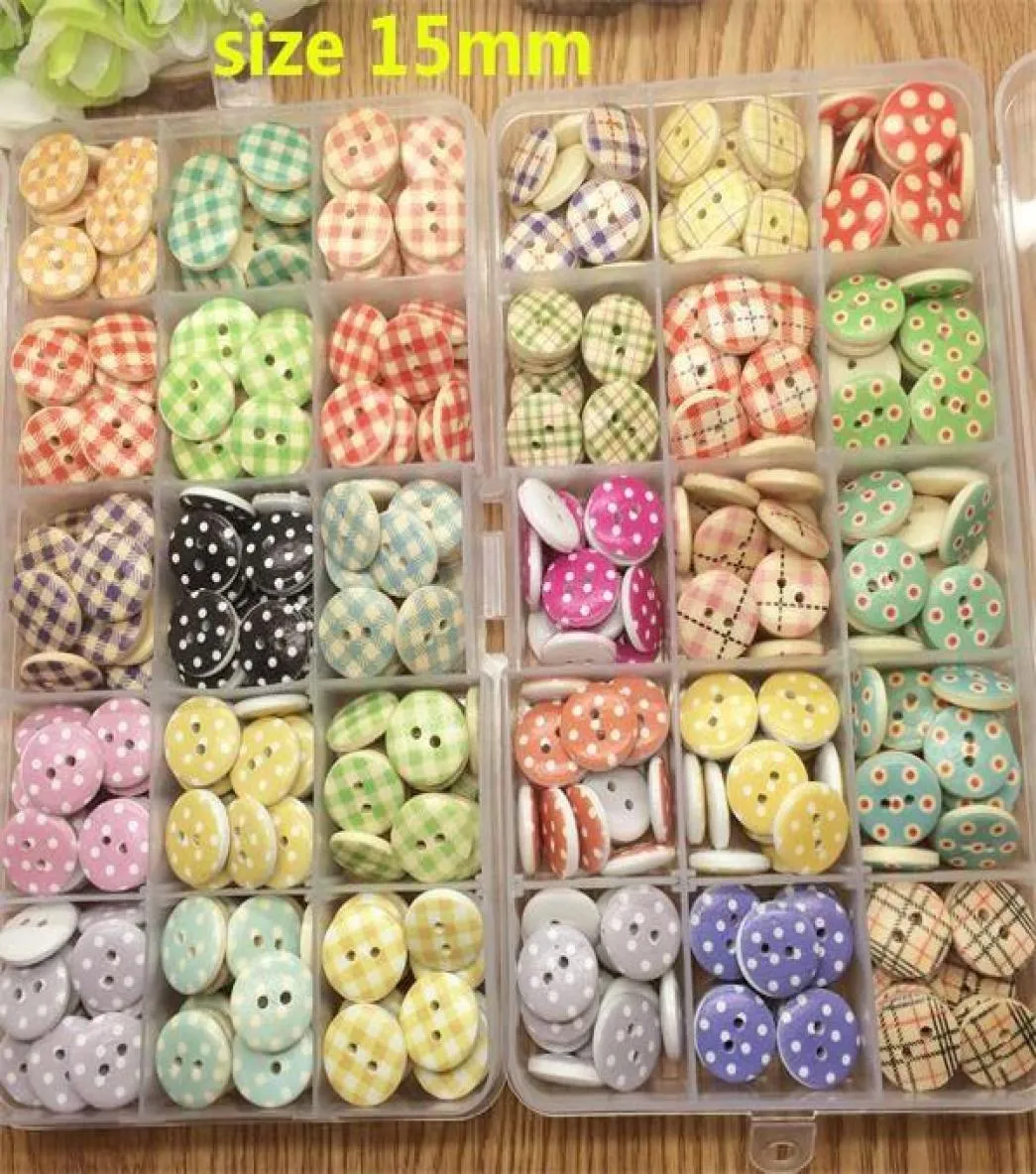 Misturado 100 peças 30 estilos 15mm 2 furos pontos e listras impressos botão de madeira costura scrapbooking artesanato acessório1596756