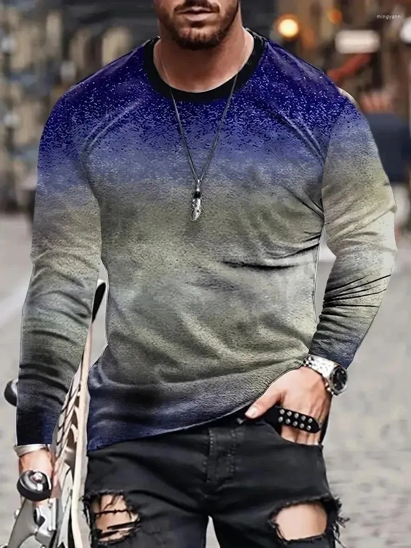 Erkek Tişörtleri 3D Baskı Renk Bloğu Uzun Kollu Vintage Yenilik Tişört Şık Tees Sonbahar Erkek Giysileri