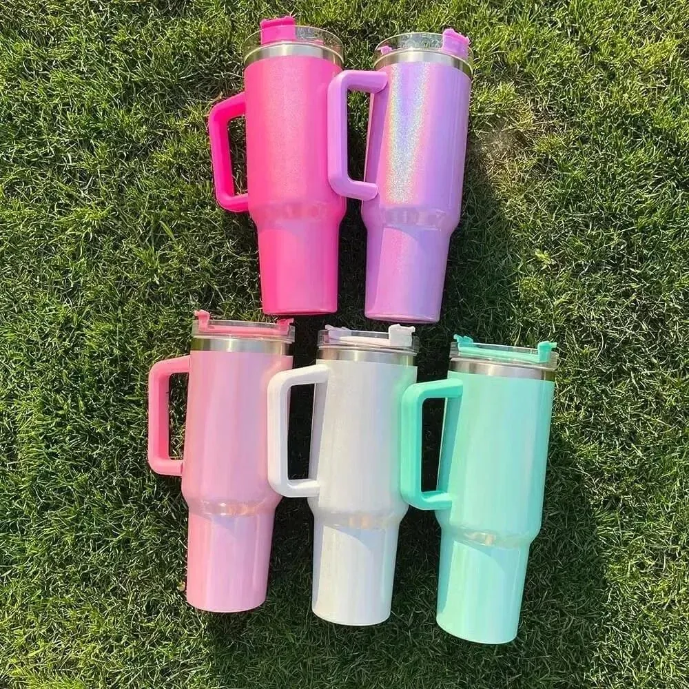 Tumblers 40oz Rainbow rostfritt stål sublimering tumlar glitter resbilmuggar med handtag och lock Håll dryck kall vatten koppar 5 färg