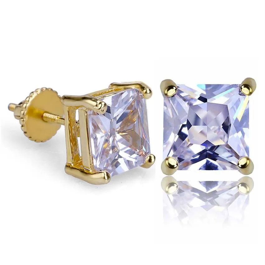 18K Real Gold Gold Cubic Zirconia Square Stud Earrings 4 7 9mm 남성 여성 블링 크리스탈 다이아몬드 아이스 아웃 이어링 스터드 펑크 록 rap299y