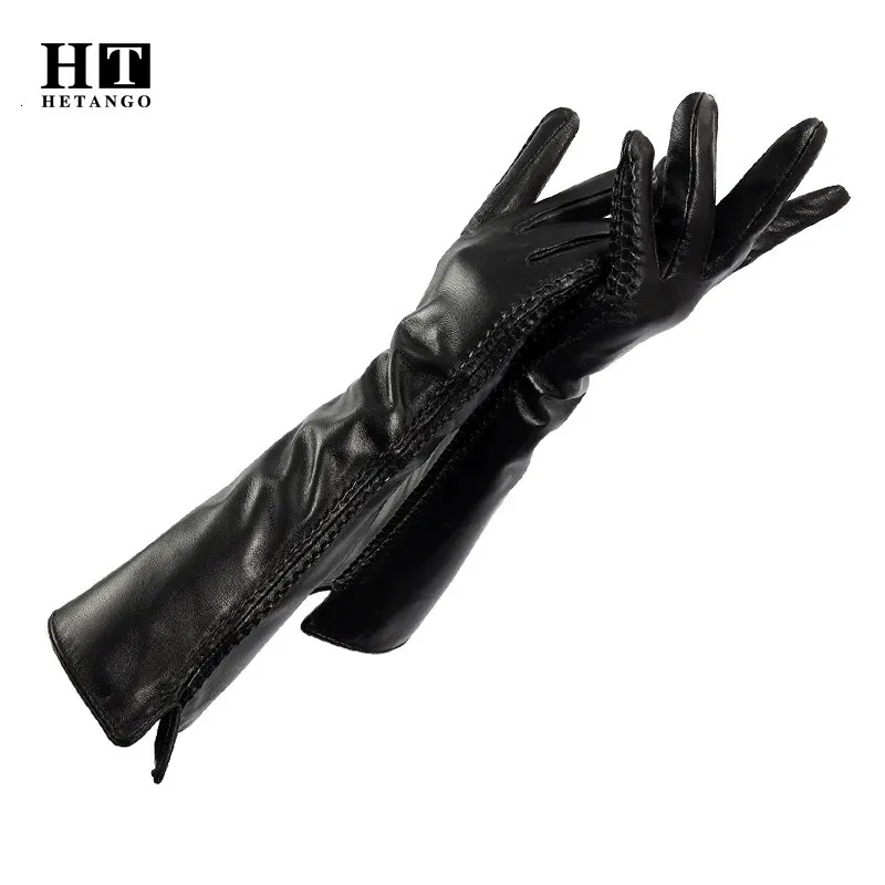 Winter Women Fashion Sheepskin Arm Sleeve Outdoor Warmth Fluff Lining Genuine Leather Mittens Female Long Style Elbow Gloves 231220