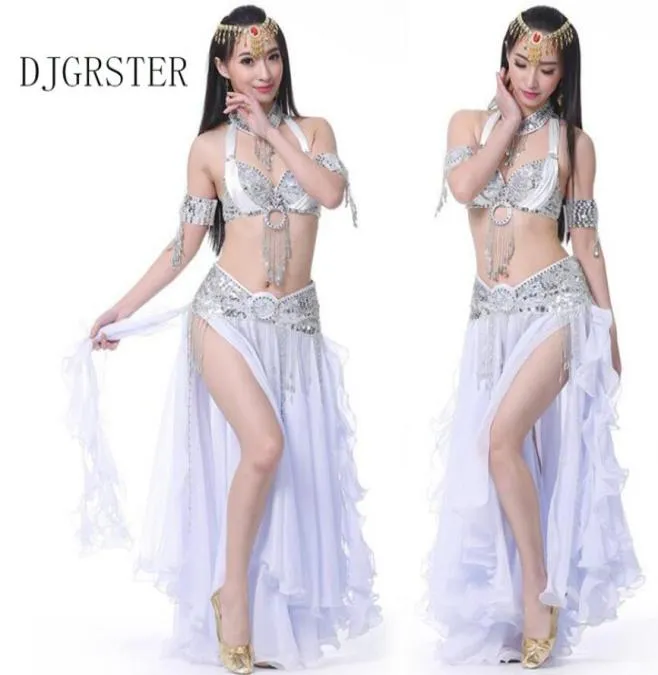 Djgrster 2018 Top Belly Dancing Giyim Oriental 3pcs Suit Bra Beltlong etek şifon göbek dans kostüm seti Performance3092041