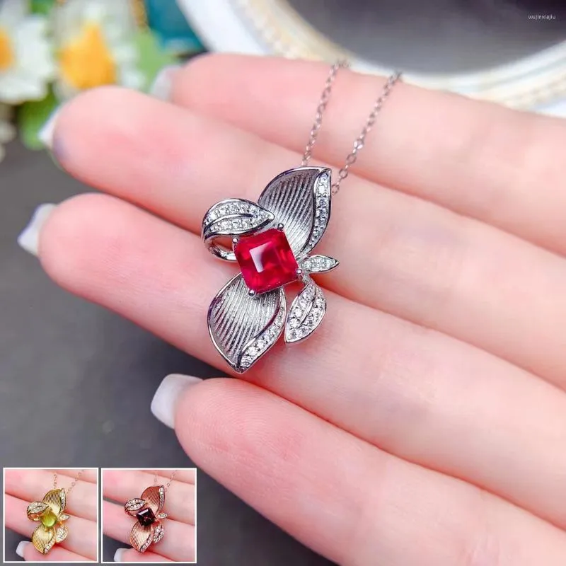 Pendants MeiBaPJ Natural Freshly Burnt Ruby/Garnet/Peridot Flower Pendant Necklace 925 Pure Silver Fine Wedding Jewelry For Women