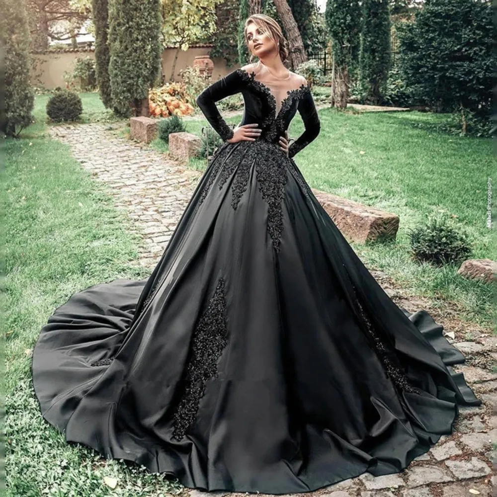 Royal Dress Wedding Blue And Black Ball Gown Black Gothic Wedding Dresses  Sheer Neck Long Sleeve