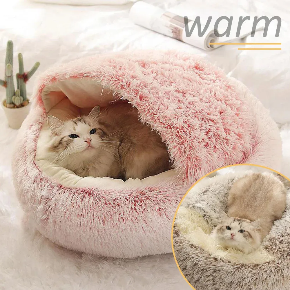 Bed Cat Plush Cat Beds Semi-Close Cat House Winter Warm Bed For Puppy Kitten Fleece Hooded Cave Small Dog Kennel Cat Accessories 231221