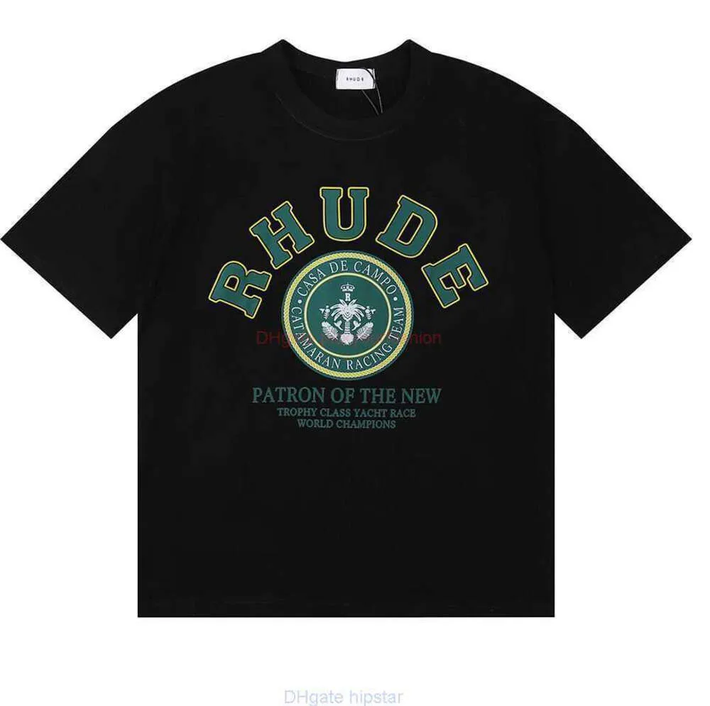 Designer Roupas Tees 2023 Verão Nova Moda Rhude Versátil Verde Impressão Solta High Street Casual Manga Curta Camiseta para Homens Mulheres Cotton67